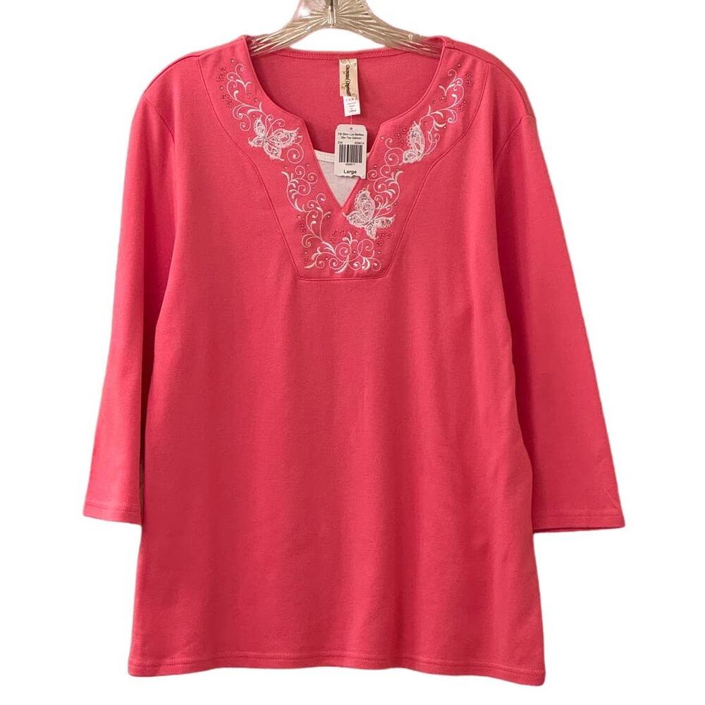 Decorated Originals Embroidered Butterfly 3/4 Sleeve Tee Embellished Size L